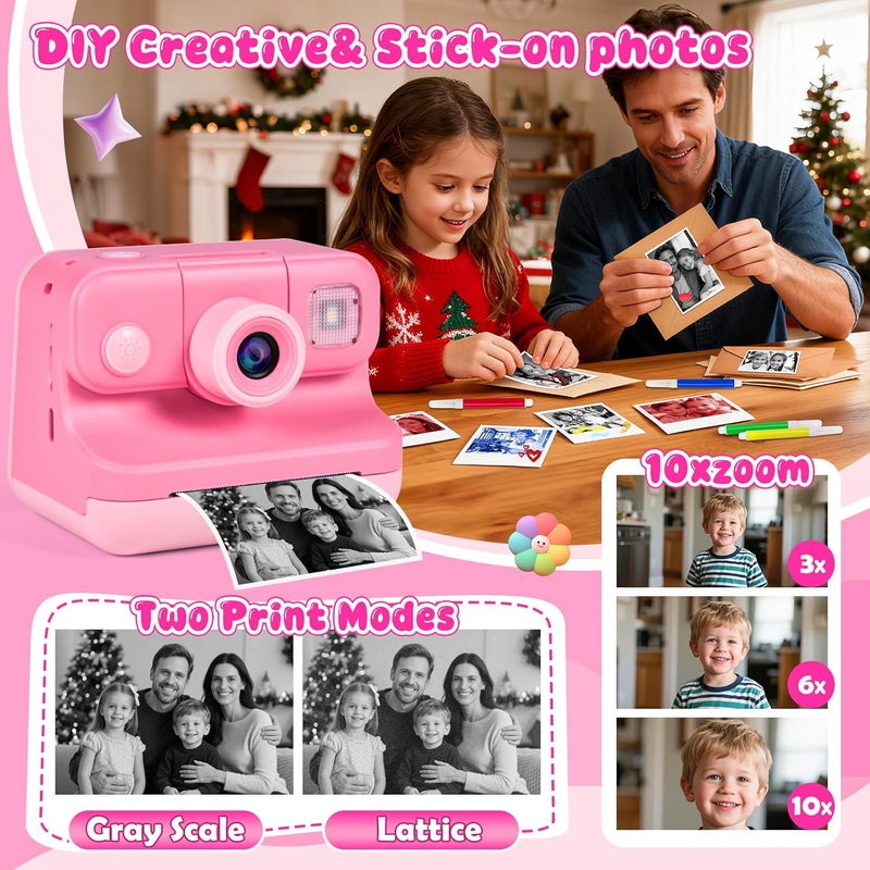 Elecoutek Kids Instant Print Camera with Carrying Bag, 1080P HD Girl Camera with 4 Print Paper Rolls, Color Pens & 32GB Card, Christmas Birthday Gifts Kids Girl Toys for 3-12 Years Old (Pink) - Image 5